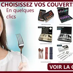 Une jeune femme sourit, tenant une cuillère et une fourchette. Le **marque menu** présente divers coffrets de couverts de table.