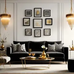 Salon chic avec canapé noir, coussins graphiques et lustres dorés. Une ambiance **déco antillaise à faire soi même** avec des touches dorées et des cadres artistiques.