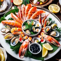 Un plateau de **couvert fruit de mer** festif avec langoustines, moules et crevettes, garni de citron et d'herbes.
