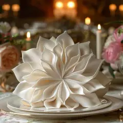 Magnifique pliage serviette en forme de fleur pour une noce d'or. La table est dressée avec élégance, entourée de bougies et de roses.