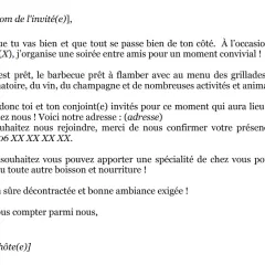 Invitation à un barbecue convivial pour fêter (X). Le jardin est prêt, le menu est alléchant. Merci de confirmer votre présence pour cet événement.