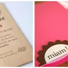 Tablette de chocolat "Mariage en blanc" et carte rose avec "miam!".