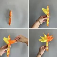 Étapes pour un pliage serviette palmier. Des mains plient des serviettes orange et jaunes pour créer une forme de palmier.