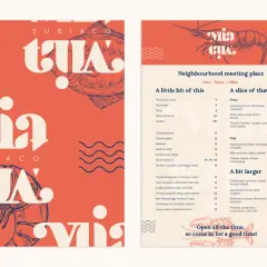 Menu à thème avec des illustrations de fruits de mer et des typographies audacieuses.