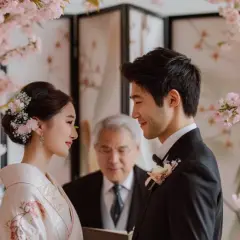 Un couple échange des regards tendres lors d'un mariage thème Japon, entouré de cerisiers en fleurs. L'officiant les observe avec un sourire.