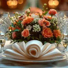 Une table dressée pour un mariage champêtre, avec un bouquet de roses corail, des verres ciselés et un pliage serviette élégant.