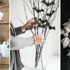 Idées de deco table halloween fait maison : feuilles fantômes, branches décorées de chauves-souris et couronne de petits fantômes en tissu.