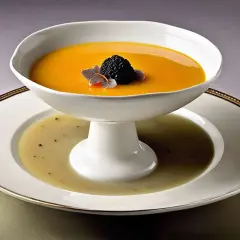 Un plat élégant pour servir la soupe : une bisque orangée garnie d'une mûre et de pétales, posée sur une assiette creuse contenant un bouillon clair.