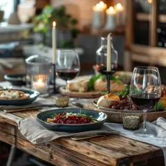 Table dressée pour un dîner intime, avec bougies, vin rouge et mets délicats. Une ambiance parfaite pour un texte invitation restaurant surprise.