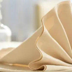 Un élégant modèle de serviette de table beige, plié en éventail sur une assiette blanche, prêt pour un repas raffiné.