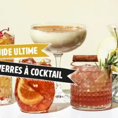 Le guide ultime des verres à cocktail présente divers types de verre cocktail, garni de fruits et d'épices.
