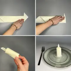 Étapes pour un pliage serviette bougie. Une main façonne la serviette pour créer une flamme. La bougie est prête sur une assiette.