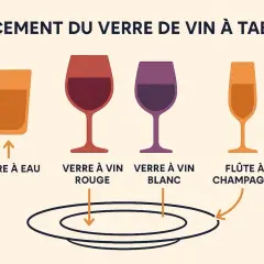 Placement des verres à table : verre à eau, verre à vin rouge, verre à vin blanc, flûte à champagne. Le verre à vin se place à droite ou à gauche selon le type.