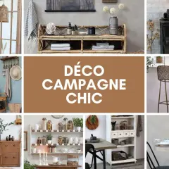 Ambiance campagne chic : rotin, bois brut, bocaux en verre, et touches végétales pour un intérieur chaleureux et élégant.