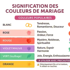 Signification des couleurs de mariage : blanc (tendresse), rose (passion), rouge (mystère), violet (nature), vert (joie), orange (prudence).