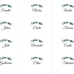 Marque-prenom pour table : Camille, Nicolas, Aurélie, Julien, Elodie, Thomas, Julie, Alexandre, Emilie, Guillaume, Céline, Sébastien.