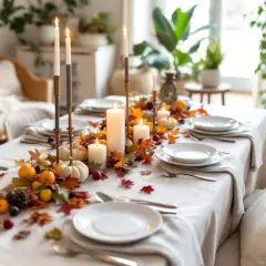 Idée pour comment décorer une nappe blanche : centre de table automnal avec citrouilles, feuilles, fruits et bougies.