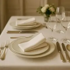 Une table dressée avec soin, illustrant la position des couverts à la française. Assiettes, verres et serviettes invitent à un repas élégant.