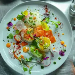 Un plat de poisson et saumon, joliment décoré de radis, herbes et fleurs comestibles. Un exemple de service à l'assiette raffiné.