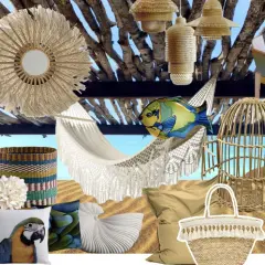 Inspiration pour la deco cabane de plage : hamac, coussins, paniers, lanternes, miroir en rotin, et un poisson coloré.