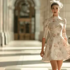 Une invitée élégante, robe fleurie, voile chic. Parfait pour savoir comment s'habiller pour un mariage.