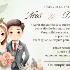 Illustration d'un couple marié, invitant à célébrer leur union. Un texte humoristique pour une cagnotte mariage.