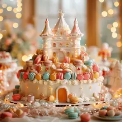 Un gâteau féerique orné d'un château et de macarons colorés, une véritable invitation à la gourmandise.
