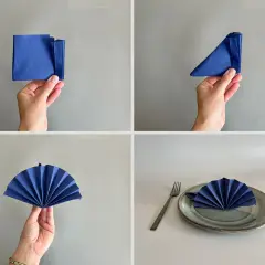 Étapes pour un pliage serviette éventail : une main tient une serviette bleue pliée, puis en triangle, puis ouverte en éventail, prête pour la table.