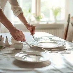 Mains ajustant la position des couverts à la fin du repas, sur une table dressée avec soin.
