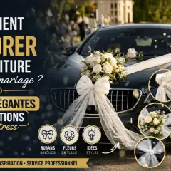 Comment faire décoration voiture mariage : idées élégantes pour un jour parfait. Voitures ornées de fleurs et rubans blancs.