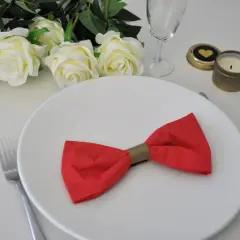 Une assiette blanche ornée d'un pliage serviette noeud papillon rouge. Des roses blanches et une bougie complètent la décoration.