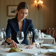 Une femme prépare une table, plaçant une petite coupelle verte. La différence entre verre et cristal est subtile, mais la qualité se voit.