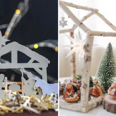 Deux crèches de Noël originales : une silhouette blanche stylisée et une scène plus traditionnelle avec des figurines et des sapins.