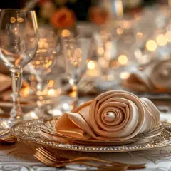 Un élégant noeud serviette mariage en forme de rose sur une assiette dorée, entouré de verres scintillants et de bougies.