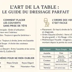 Guide pour dresser la table : couteaux à droite, fourchettes à gauche. L'ordre des verres, c'est facile, pas de pain à gauche ou à droite.