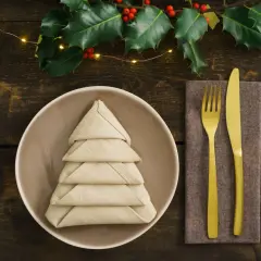 Une assiette avec un pliage serviette rectangulaire en tissu facile en forme de sapin. Couverts dorés sur une serviette marron. Branche de houx et guirlande lumineuse.