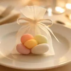 Une boîte à dragées chic sur une assiette blanche, remplie de bonbons pastel.