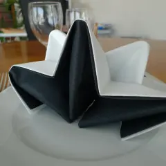 Pliage serviette accordéon 2 couleurs, noir et blanc, formant une étoile sur une assiette blanche.