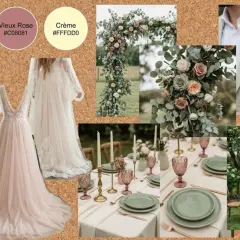 Inspiration déco mariage bohème à faire soi-même : robes fluides, arche florale, table dressée, macramé. Palette douce : vert sauge, vieux rose, crème.