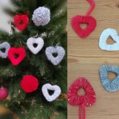Décorations de Noël en forme de cœur faites de laine, parfaites pour un bricolage de Noël avec de la laine pour adultes.