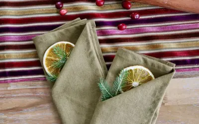 Un pliage serviette original avec une tranche d'orange séchée et une branche de sapin, sur une nappe rayée aux couleurs vives.