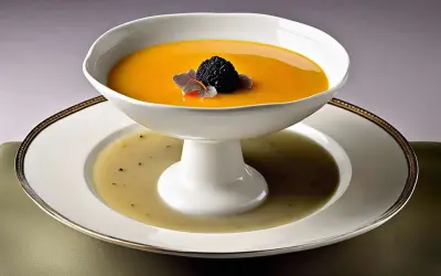 Un plat élégant pour servir la soupe : une bisque orangée garnie d'une mûre et de pétales, posée sur une assiette creuse contenant un bouillon clair.