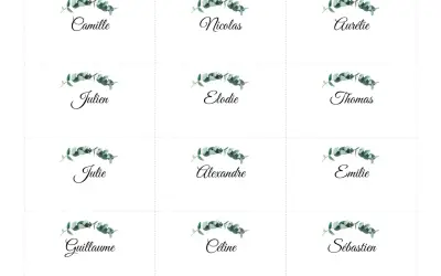 Marque-prenom pour table : Camille, Nicolas, Aurélie, Julien, Elodie, Thomas, Julie, Alexandre, Emilie, Guillaume, Céline, Sébastien.