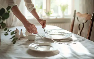 Mains ajustant la position des couverts à la fin du repas, sur une table dressée avec soin.