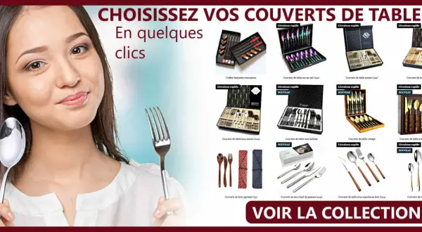 Une jeune femme sourit, tenant une cuillère et une fourchette. Le **marque menu** présente divers coffrets de couverts de table.
