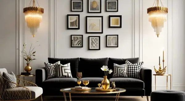 Salon chic avec canapé noir, coussins graphiques et lustres dorés. Une ambiance **déco antillaise à faire soi même** avec des touches dorées et des cadres artistiques.