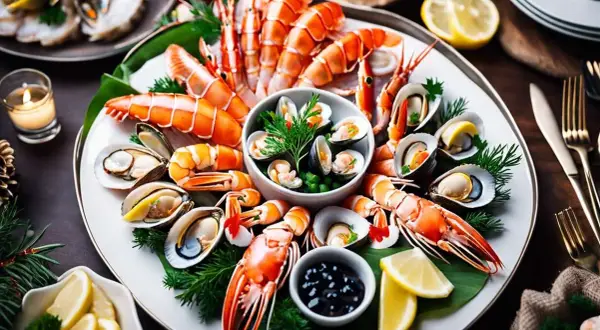 Un plateau de **couvert fruit de mer** festif avec langoustines, moules et crevettes, garni de citron et d'herbes.