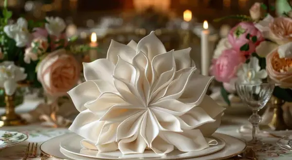 Magnifique pliage serviette en forme de fleur pour une noce d'or. La table est dressée avec élégance, entourée de bougies et de roses.