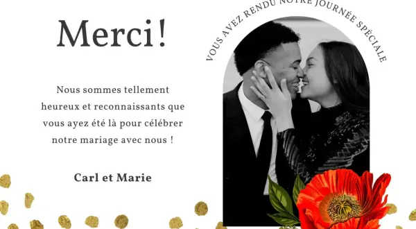Texte remerciement mariage invités : Carl et Marie remercient leurs proches pour avoir rendu leur journée spéciale. Photo d'un couple heureux.