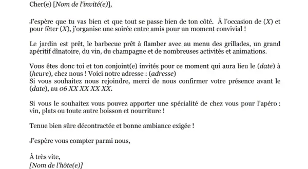 Invitation à un barbecue convivial pour fêter (X). Le jardin est prêt, le menu est alléchant. Merci de confirmer votre présence pour cet événement.